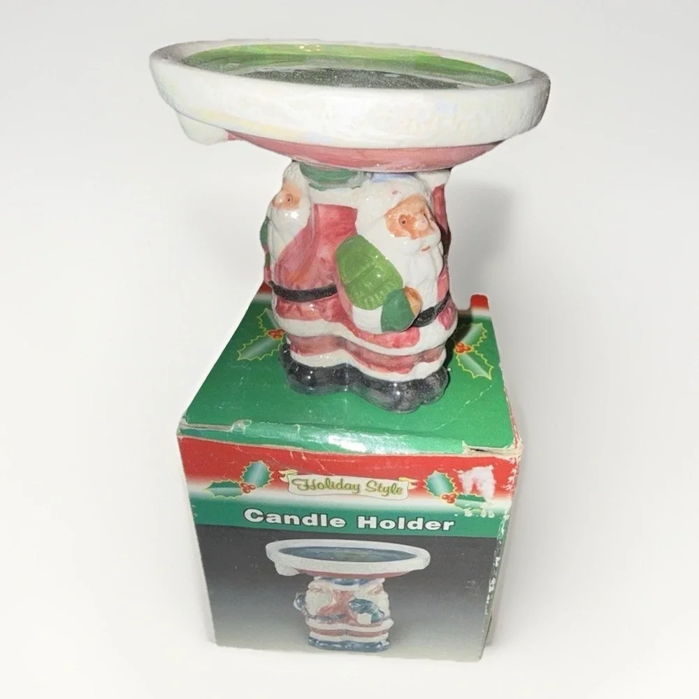 Holiday Style Ceramic Santa Claus Candle Holder Iridescent Green Basin with Box